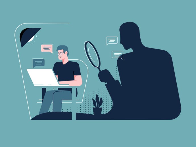 Privacy concept: Silhouette of large person with magnifying glass watching man on computer