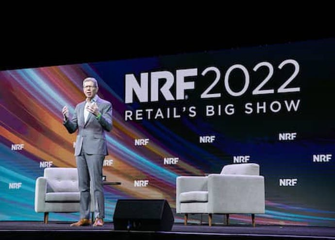 Mike George, outgoing NRF chairman, delivers keynote address at the NRF Big Show 2022 at the Javitz Center in NYC