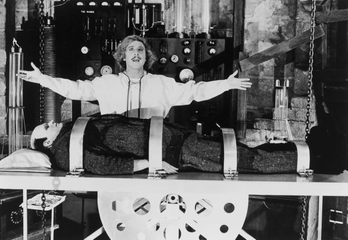 A still from the 1974 film Young Frankenstein with Gene Wilder
