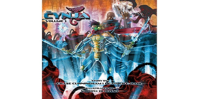 Illustration of a cyborg-like costumed figure standing in a glowing rift, wielding two swords