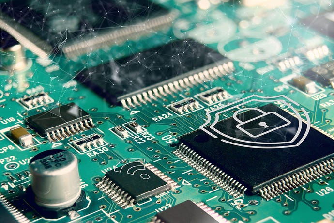 printed circuit board with active and passive surface mounted components close up, with lock icon superimposed on it