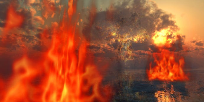 A burning scene of destruction