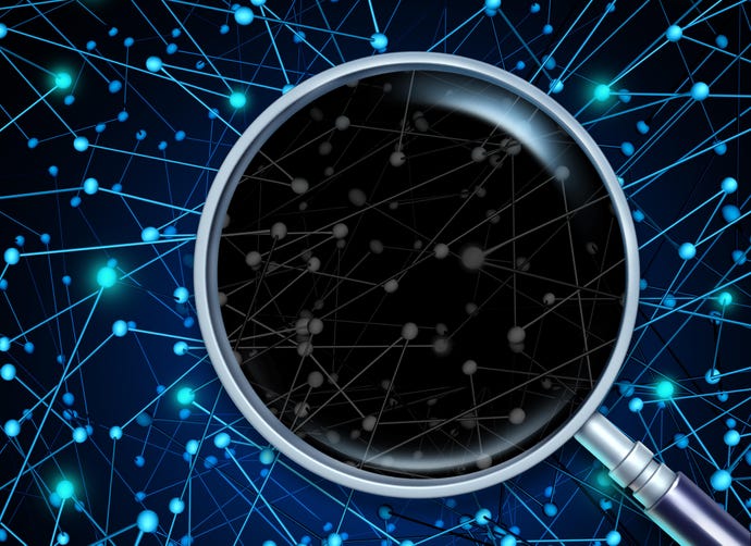 Magnifying glass superimposed on a digital connectivity background