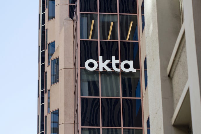 Okta logo on the side of a building