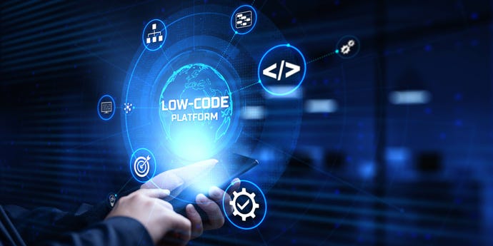 Low Code software development platform technology concept, businessman holding phone