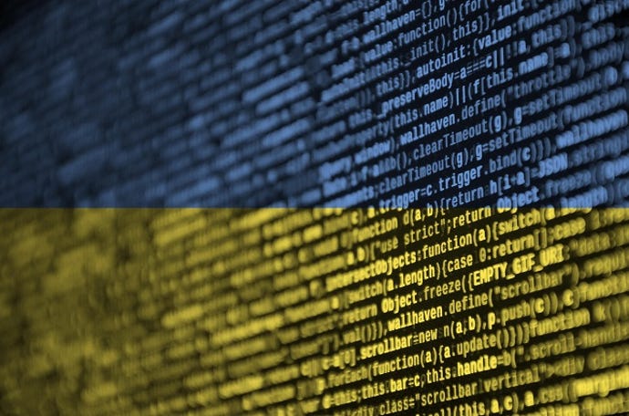 Ukraine flag is depicted on the screen with the program code
