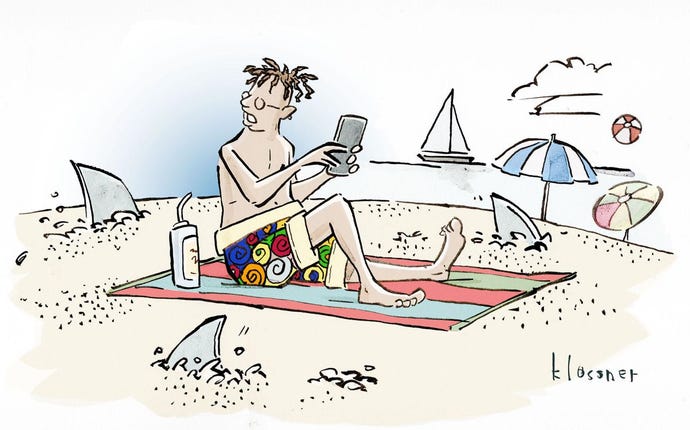 Need a caption for cartoon of man at beach sitting on towel and holding phone while 3 shark fins circle him in the sand