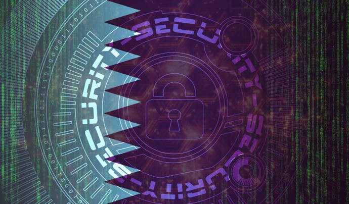 The Qatar flag with cybersecurity text over it and green binary code