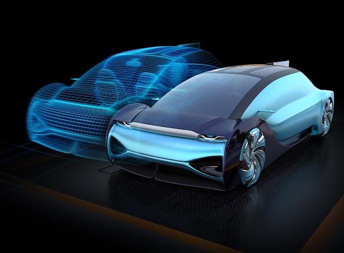 Autonomous electric car and wireframe rendering of the car body on black background. Digital Twin concept