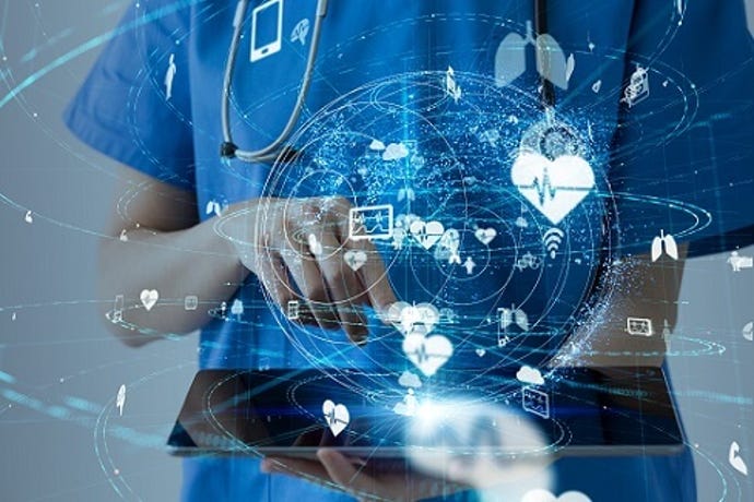 concept art of a healthcare professional holding an iPad with digital connections art hovering over it.
