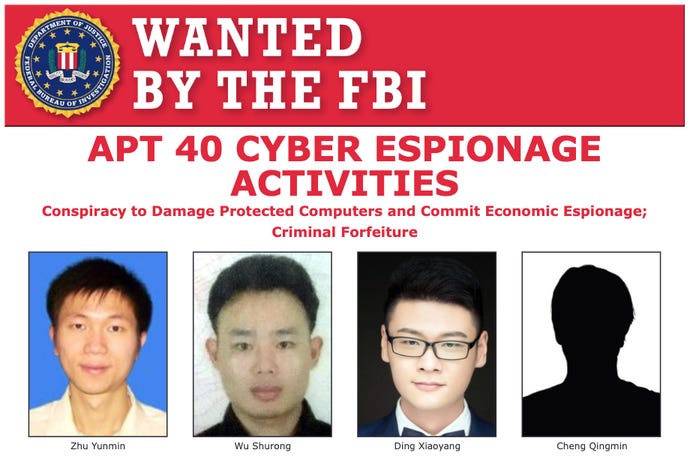 FBI poster of the four alleged hackers from China's APT 40.