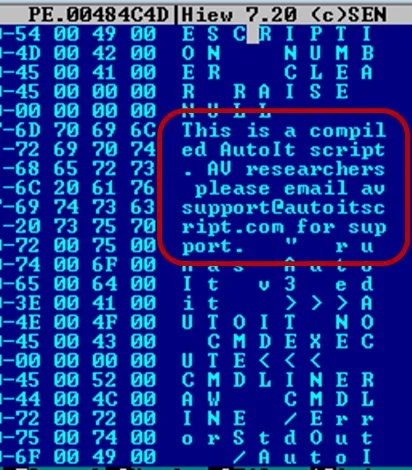 Screenshot showing a common indicator of a compiled AutoIt script\r\n(Source: Trend Micro)\r\n