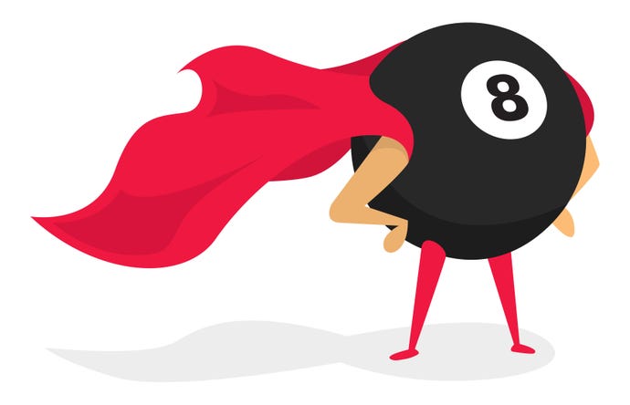 Cartoon of an eight ball from billiards, with human arms and legs, wearing a red cape that's billowing in the unseen breeze