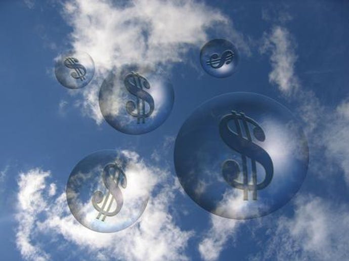 Clouds with bubbles floating upwards, with dollar signs.