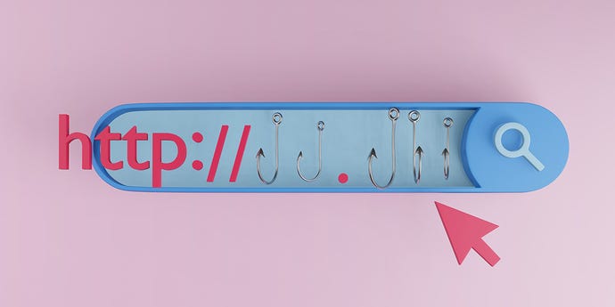 Browser search bar showing an URL address made of fishing hooks. Illustration of web domain spoofing and email phishing