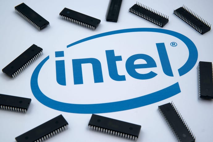 Intel logo surrounded by processors