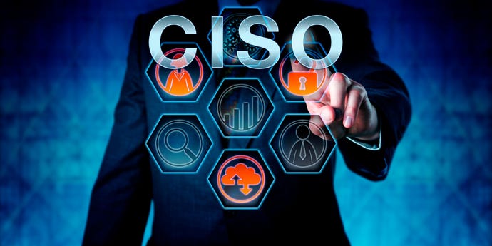 a digital image of the different responsibilities a CISO has with a hand selecting an option.