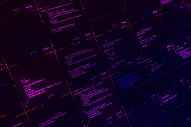 Abstract modern virtual computer script on black background, work of software developer programmer on desktop