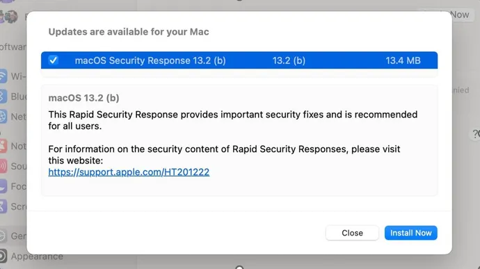 Apple's first Rapid Security Response (RSR), May 1