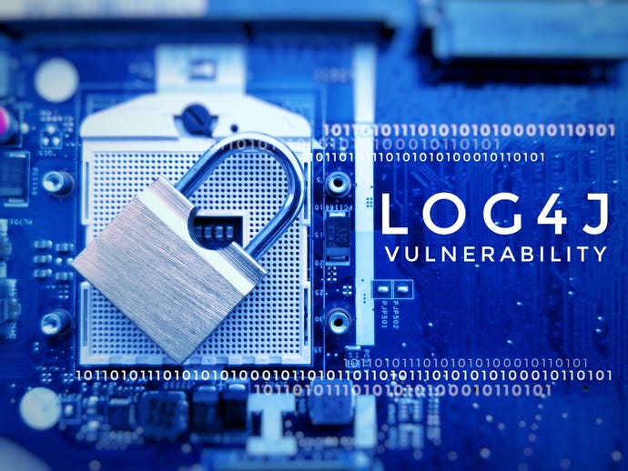 Image shows graphic of a padlock lying sideways on a computer drive next to the words "Log4J vulnerability"