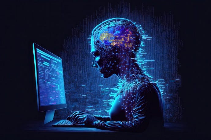 a computer programmer hard at work on a modern computer, with an AI assistant helping to streamline the coding process. 