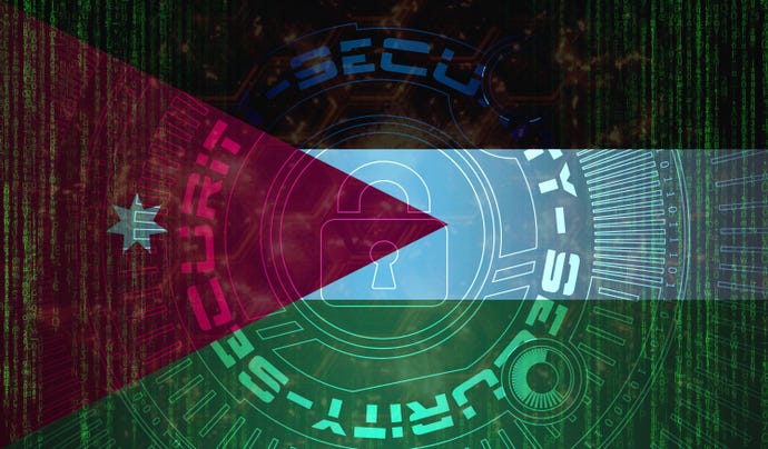 The Jordanian flag with code running over it and a padlock image