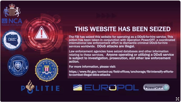 Notice the DDoS site has been seized posted by law enforcement