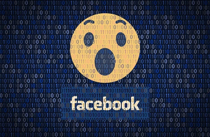 Image shows an open-mouthed emoji superimposed on lines of code with the Facebook logo underneath it