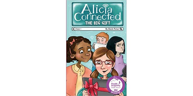 Illustration of three friends gathered around a white girl with glasses and brown pigtails holding a tablet wrapped in a bow