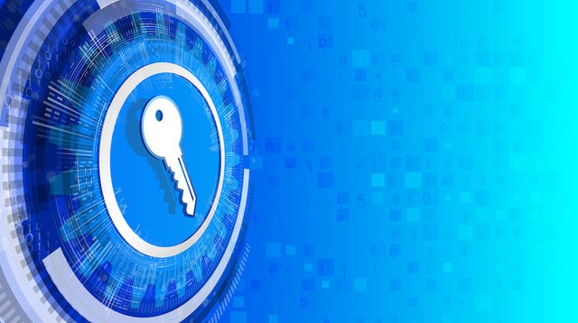An image of a key floats amid a cyber image background