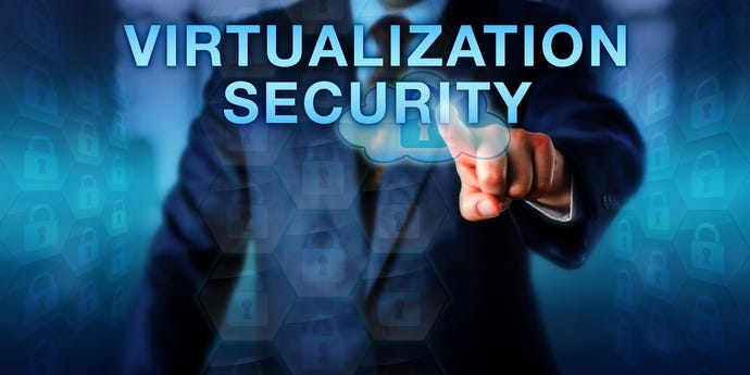 hand touching  VIRTUALIZATION SECURITY on a touch screen interface