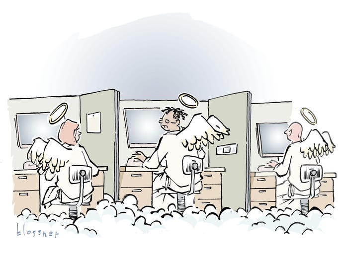 Cartoon of three angels sitting in side-by-side cubicles