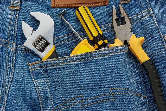 Basic hand tool set in a blue jean back pocket