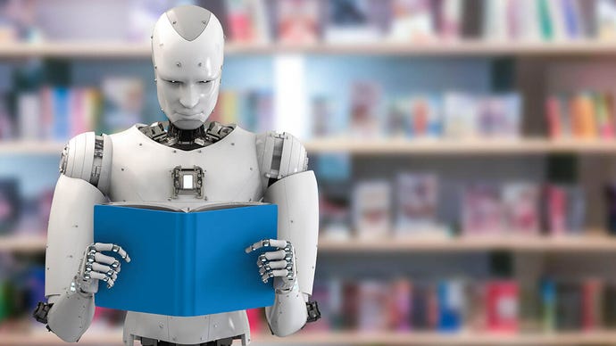 humanoid robot reading a book in library
