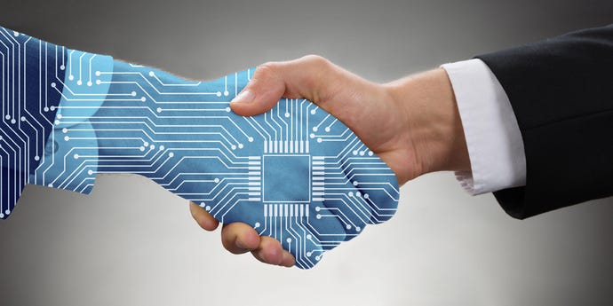 A handshake between a businessman made of person and a businessman made of blue circuitry