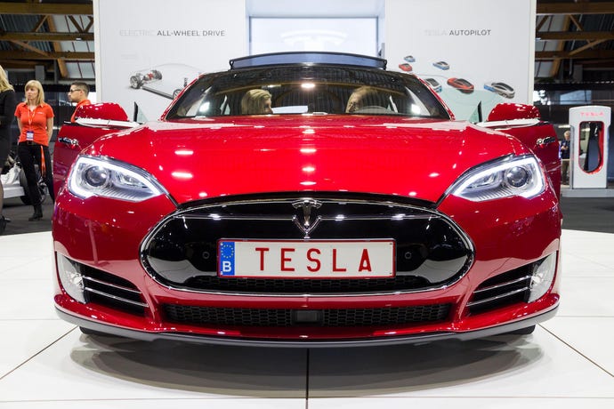 Tesla Model S electric car showcased at the Brussels Motor Show.
