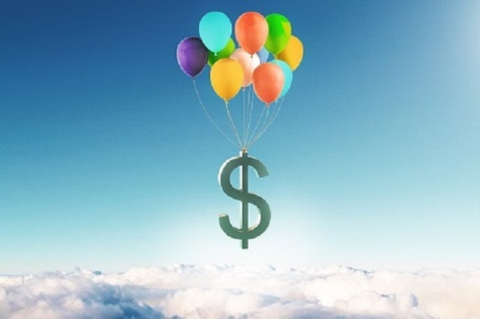 balloons floating away into the clouds with a dollar sign holding it together