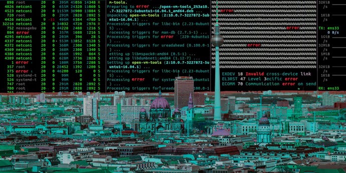Illustration of computer hackers attacking the IT infrastructure of a city, specifically Berlin