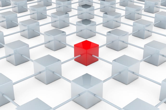 Network of many gray cubes with red one in the middle. Botnet concept