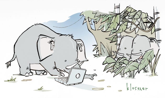 Caption contest for cartoon of elephant using a computer while two more elephants in the forest observe