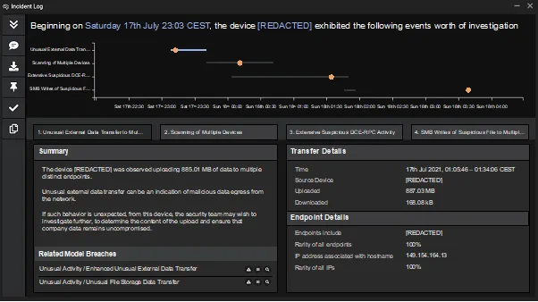 Captura de pantalla del registro de incidentes para la herramienta Darktrace AI que detecta la exfiltración de datos de PayOrGrief