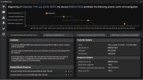 Screenshot of incident log for Darktrace AI tool detecting PayOrGrief data exfiltration