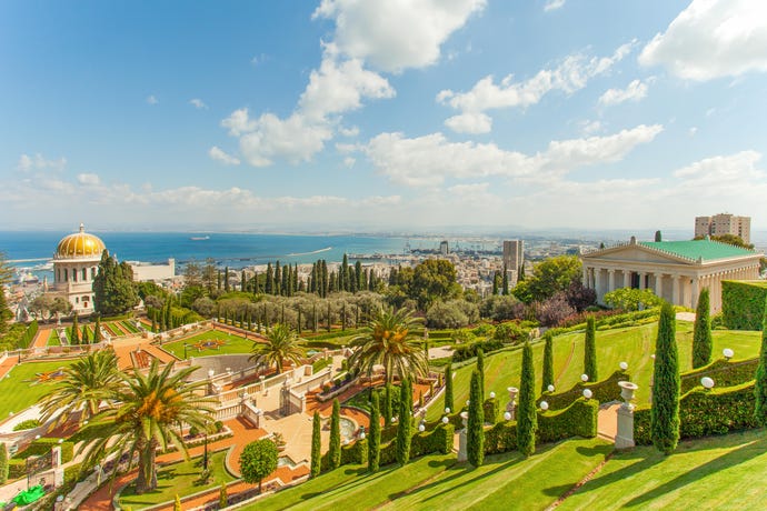 Bahai Gardens in Haifa Israel, with Technion University in the background