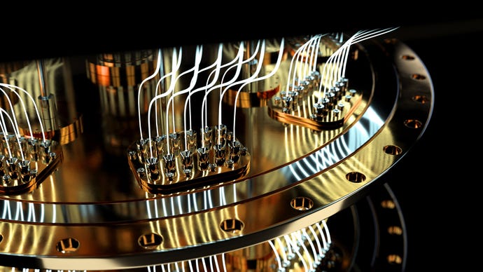Closeup view of a quantum computer; it looks like a cross between a brass chandelier and the Death Star