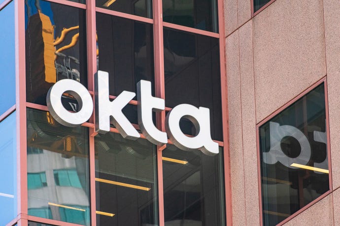 Photo of Okta sign on an office building