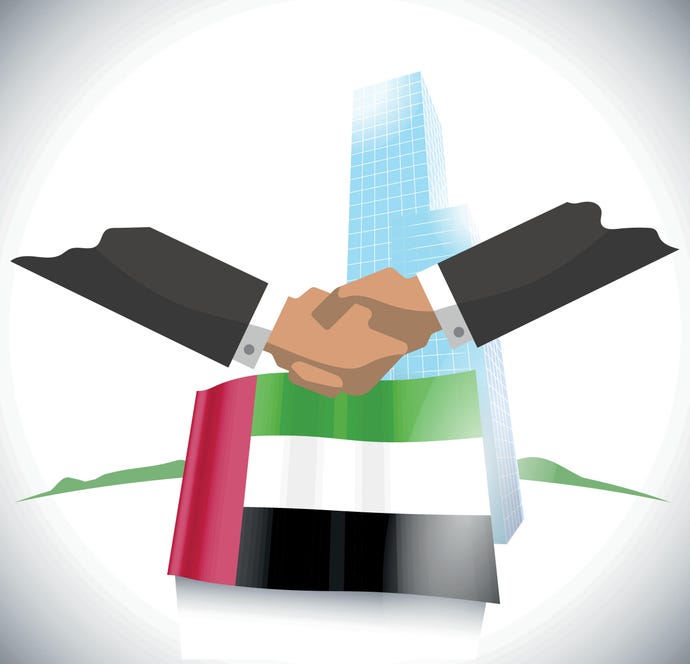 Illustration of a handshake and the UAE flag