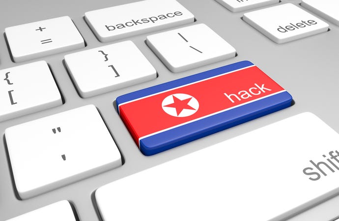 North Korea hacking concept of a computer keyboard and a key painted with the North Korean flag