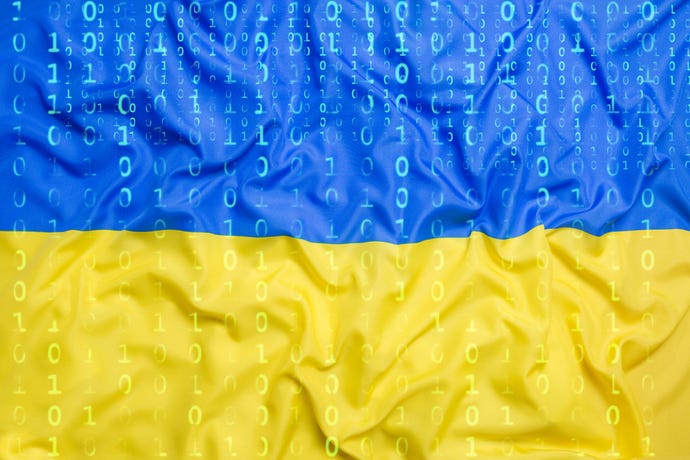 Concept image of binary code on Ukraine flag