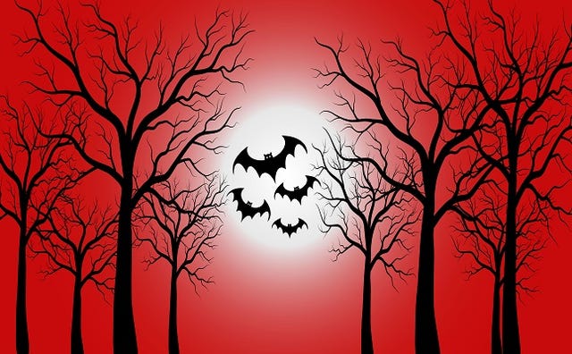 Halloween scary background. Spooky forest with full moon and flying bats on red background.