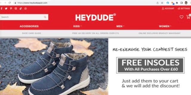 Scam website imitating Hey Dude shoe brand, but leaving out the correct logo and rainbow stripe 